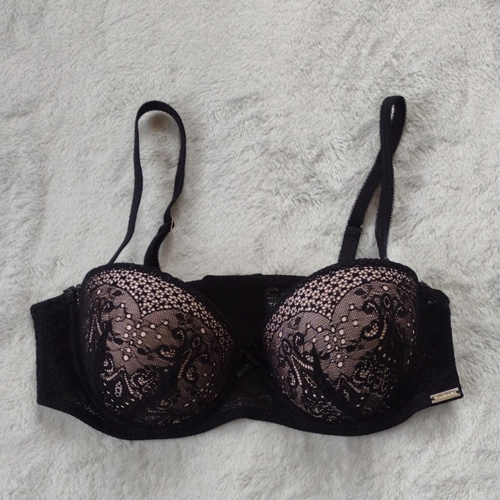 Tahari Black Lace Balconette Multi-way Bra with Nude Underlay Size 36B